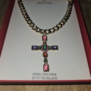 Gold-Tone Multicolor Cubic Zirconia Cross Necklace - Chunky Chain